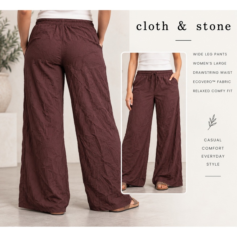 Cloth & Stone Anthropologie Women L Burgundy ECOVERO Drawstring Wide Leg Pants
